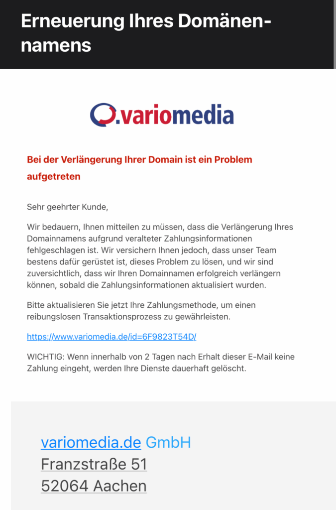 Beispiel einer gefälschten Zahlungsaufforderung, die in unserem Namen verschickt wurde