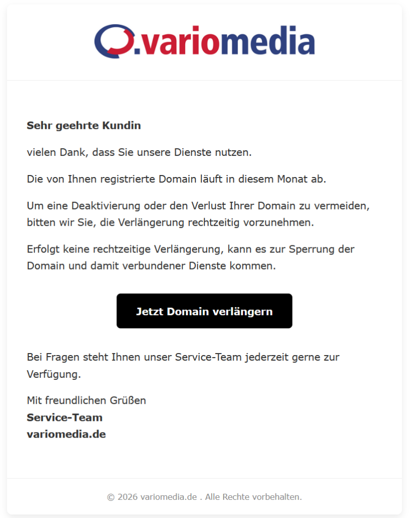 Beispiel einer gefälschten Verlängerungsaufforderung, die in unserem Namen verschickt wurde