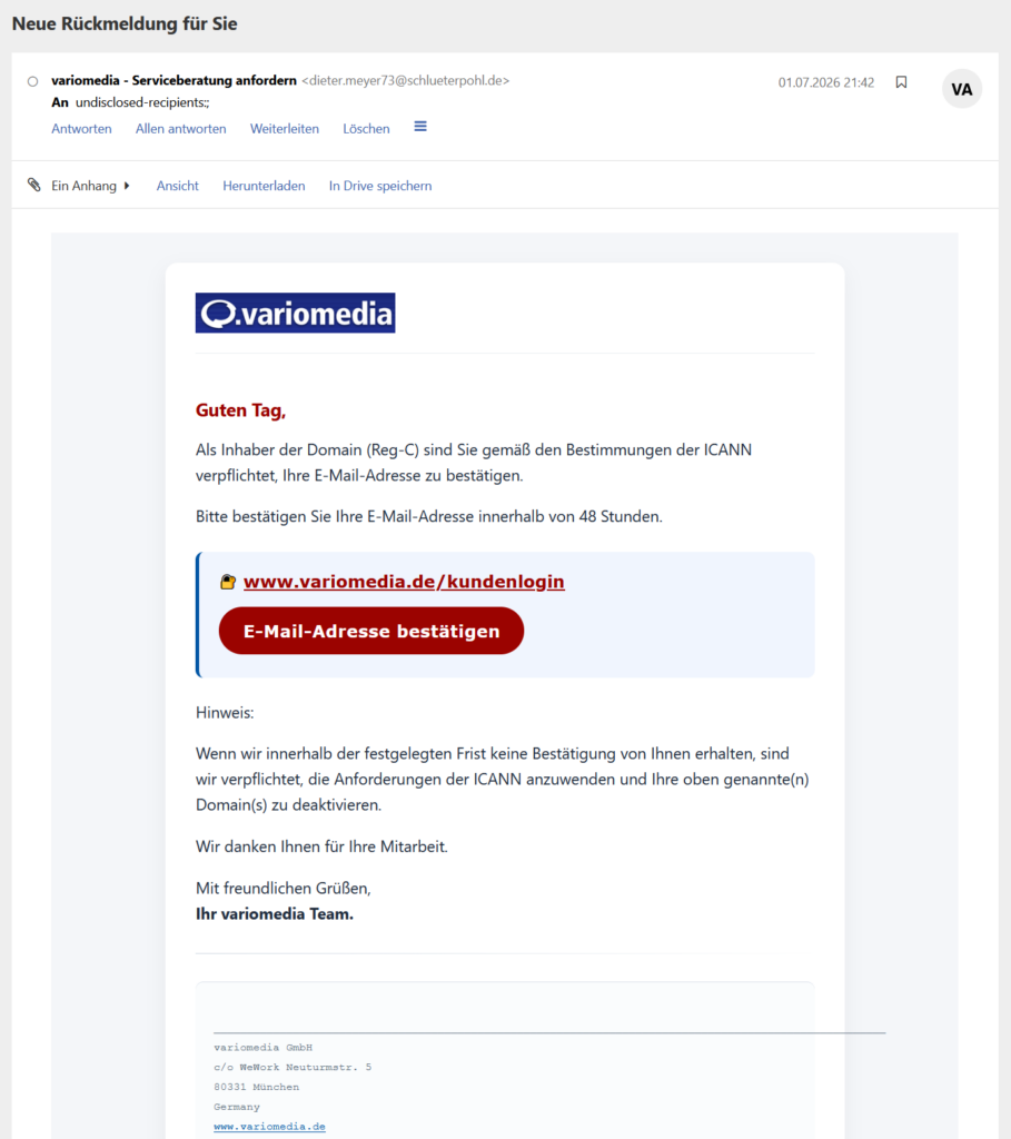 Screenshot einer Phishing-E-Mail